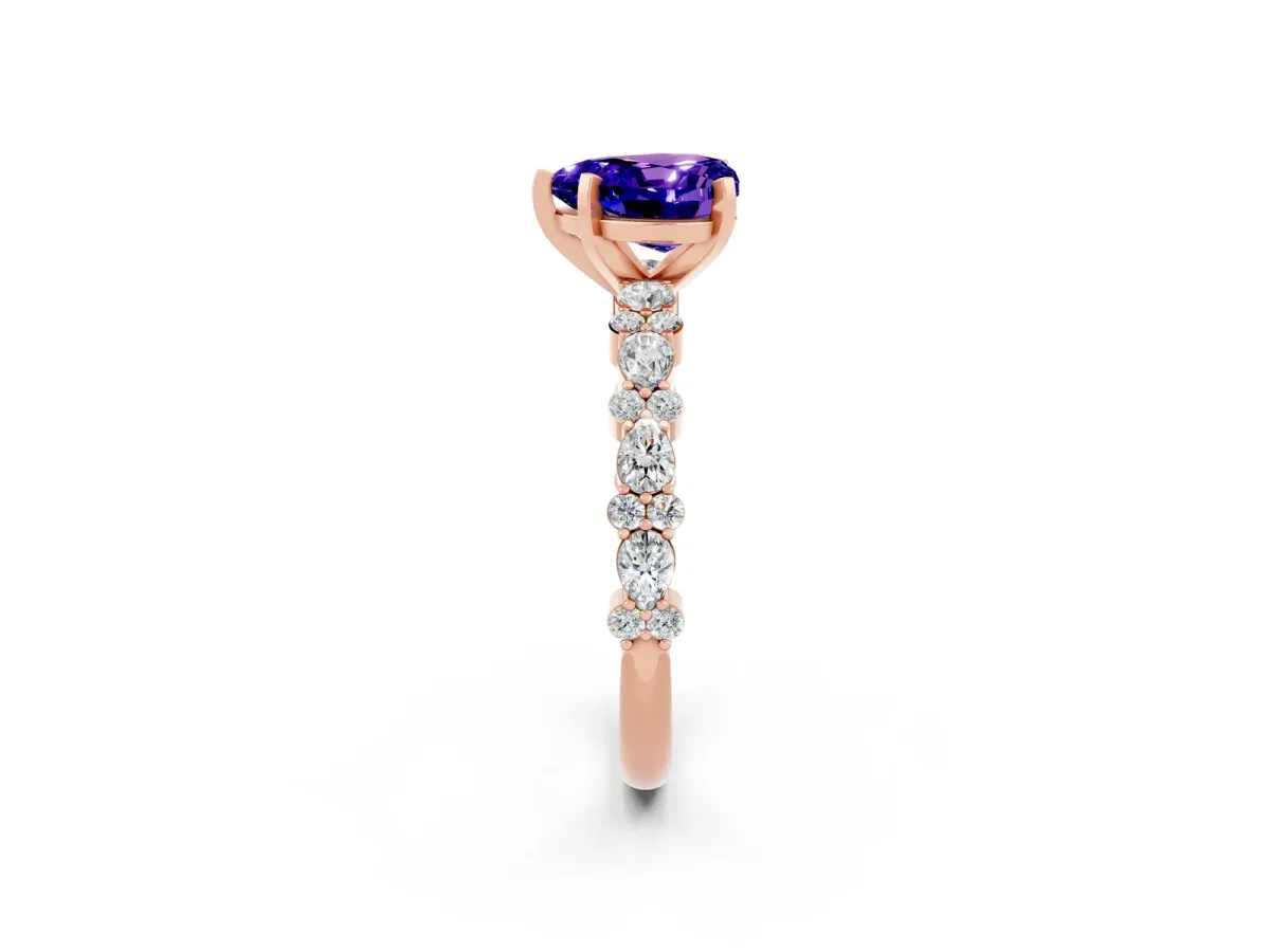 Heart Cut Tanzanite Side Stone Solitaire Ring with Round and Four-Prong Setting Rose gold