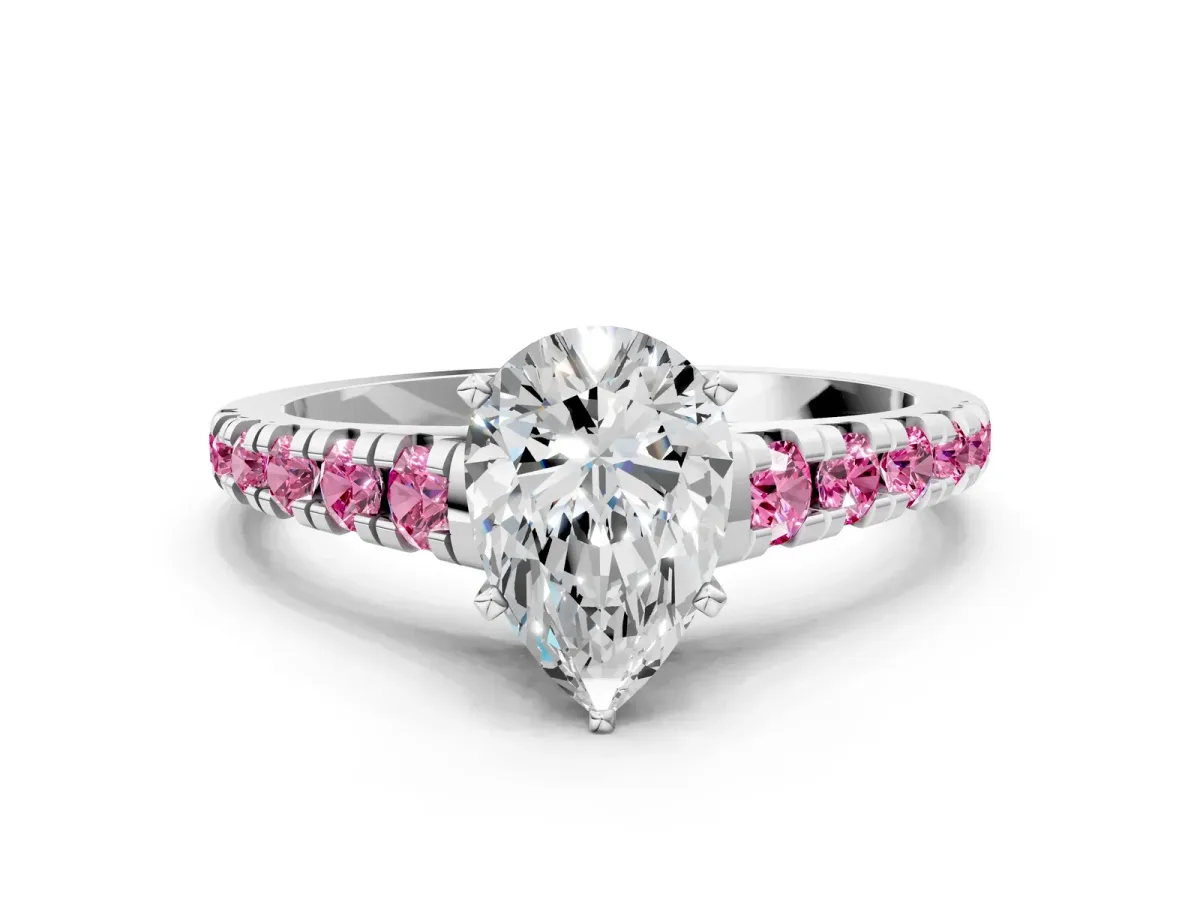Pear Cut Diamond Cathedral Solitaire Ring with Round Pink Sapphire Pavé Band Platinum