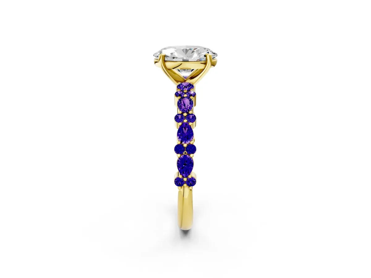 Oval Cut Diamond Side Stone Solitaire Ring with Round Tanzanite and Four-Prong Setting Yellow gold