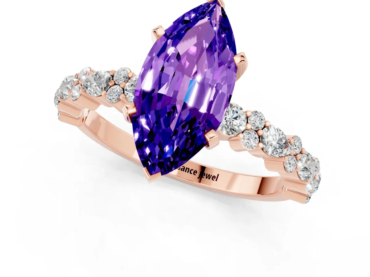 Marquise Cut Tanzanite Side Stone Solitaire Ring with Round and Four-Prong Setting Rose gold