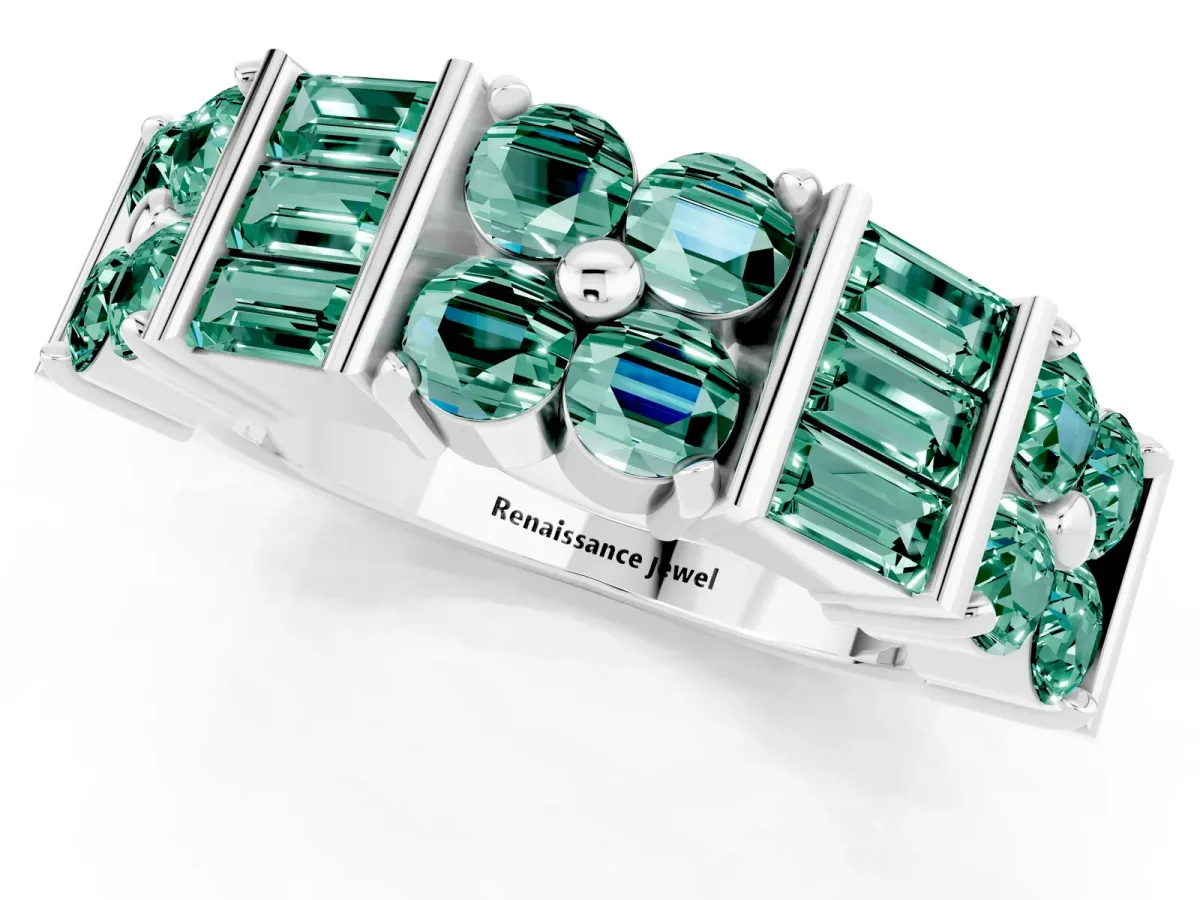 Channel Set Round and Baguette Green Sapphire Anniversary Band with Prong Setting Silver