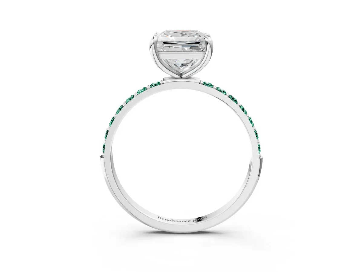 Princess Cut Diamond Solitaire Ring with Round Green Sapphire Pavé Band and Prong Setting Silver