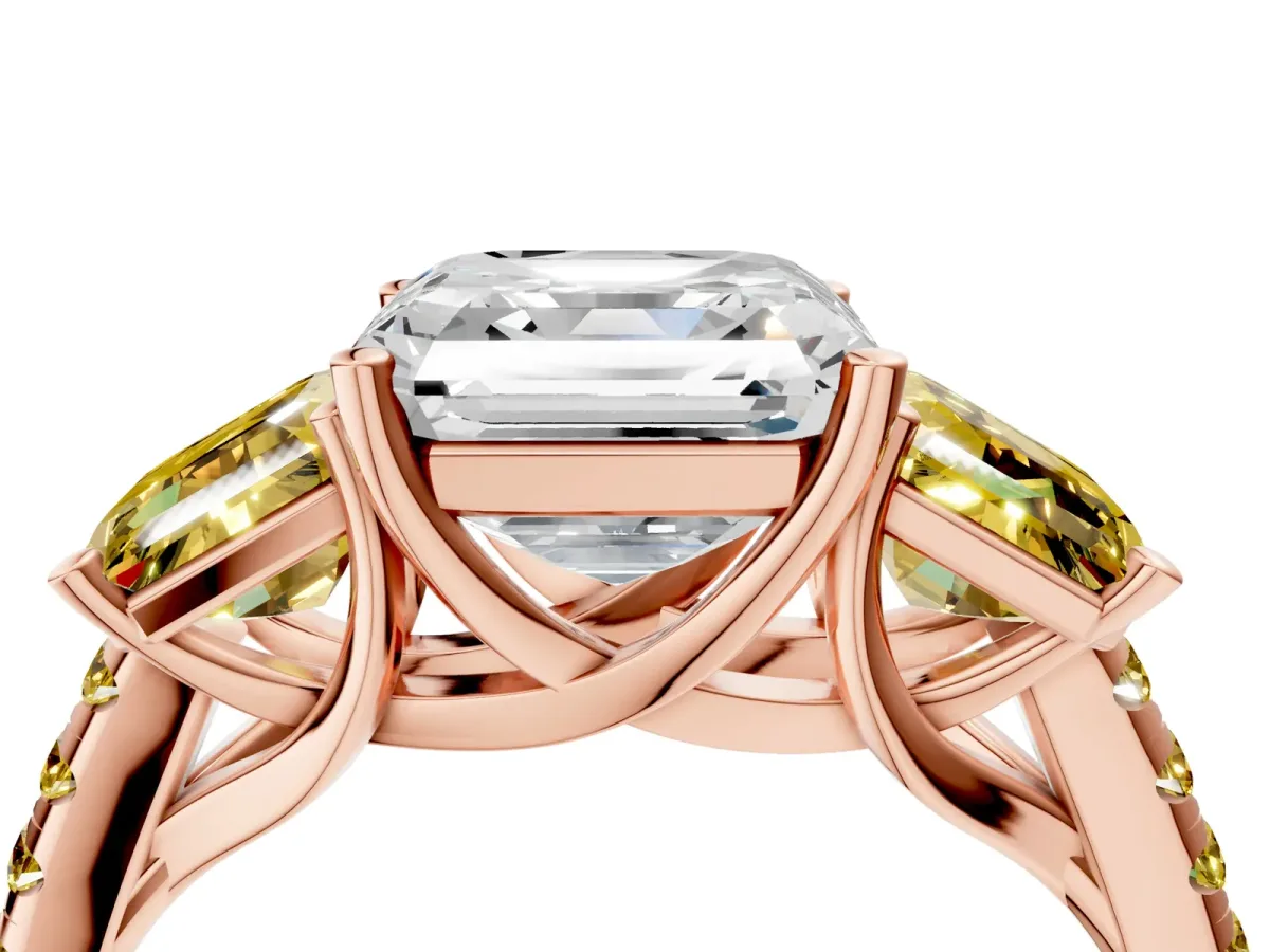 Three-Stone Asscher Cut Diamond Ring with Round Yellow Sapphire Pavé Band and Prong Setting Rose gold