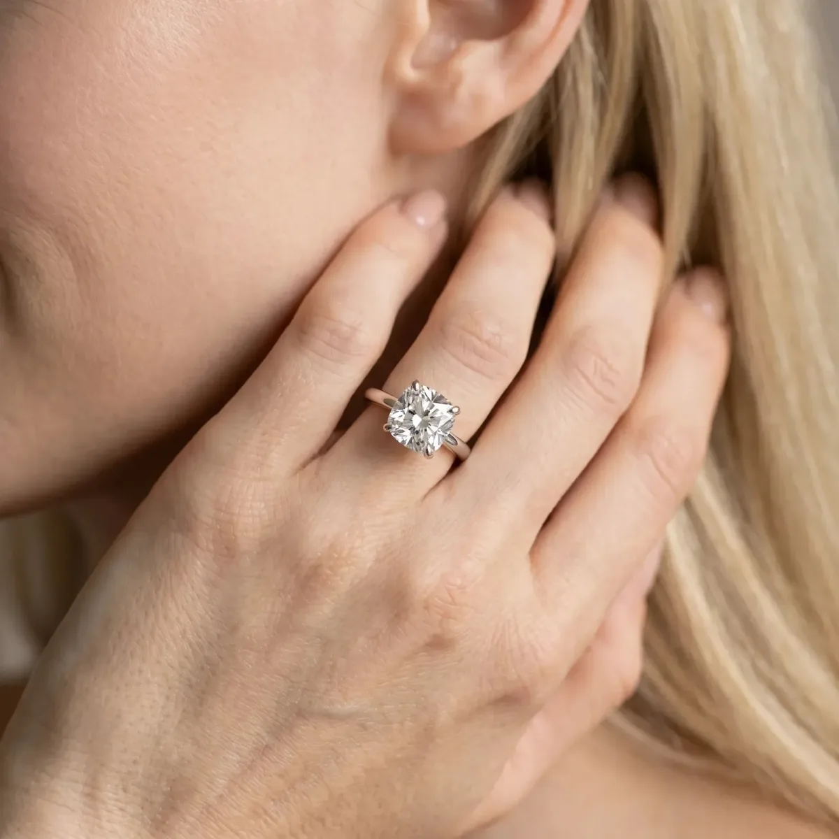 Cushion Cut Diamond Solitaire Engagement Ring with Round Band and Four-Prong Setting Silver