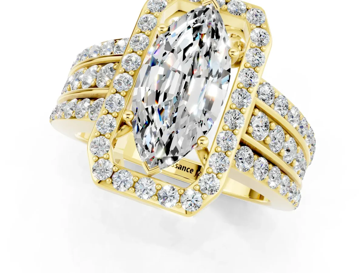Marquise Cut Halo Moissanite Ring with Round Split Shank and Prong Setting Yellow gold
