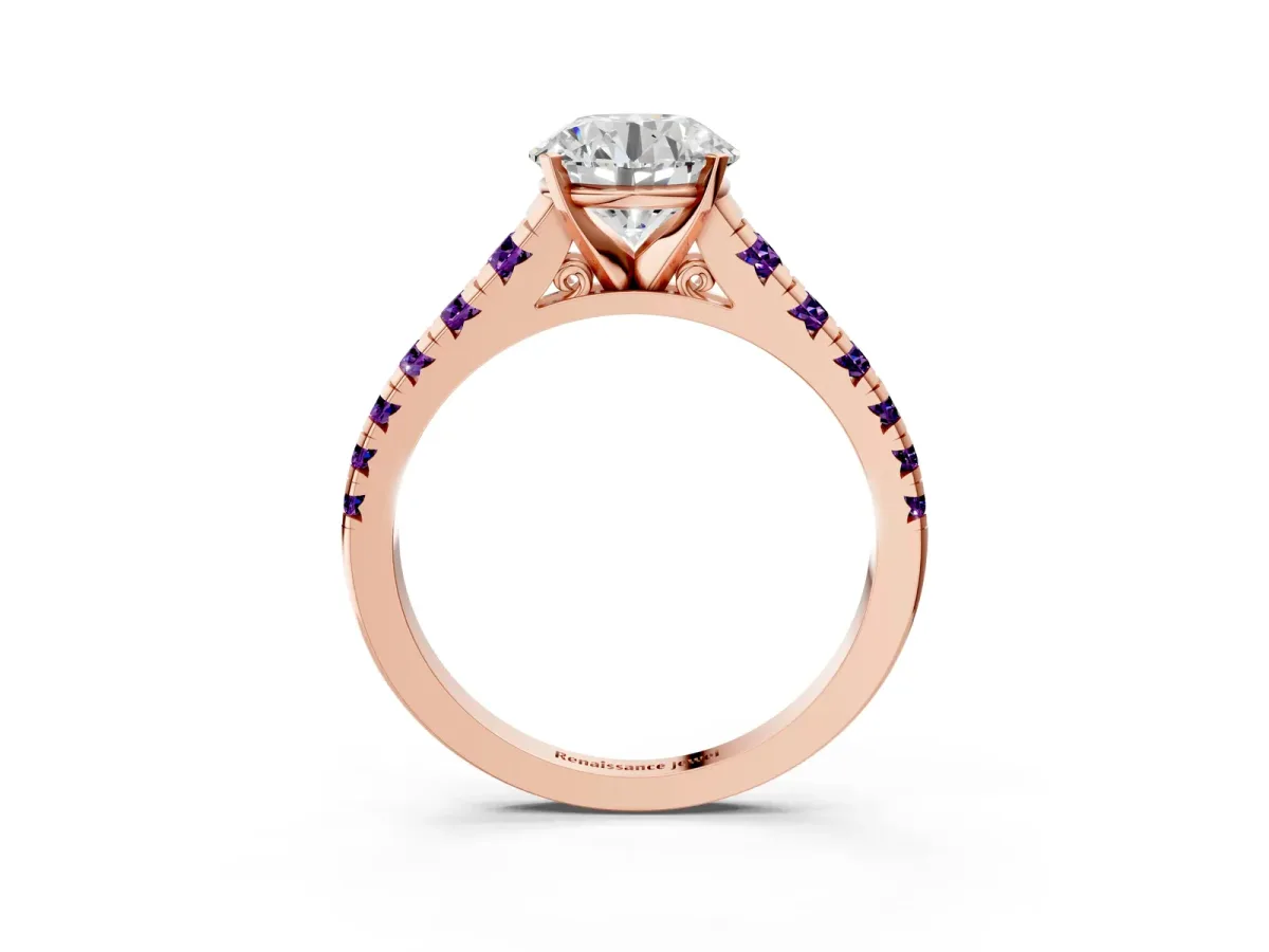 Round Cut Diamond Cathedral Solitaire Ring with Round Amethyst Pavé Band Rose gold