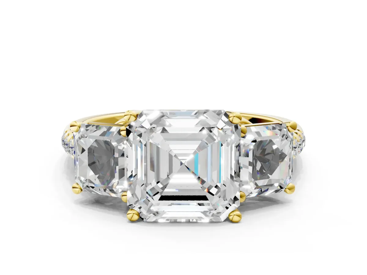 Three-Stone Asscher Cut Diamond Ring with Round Moissanite Pavé Band and Prong Setting Yellow gold