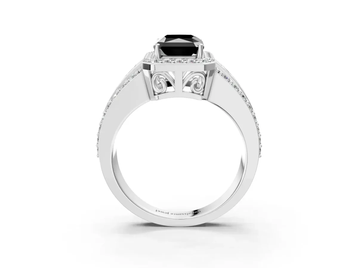 Fancy Black Radiant Cut Halo Diamond Ring with Round Split Shank and Prong Setting Platinum