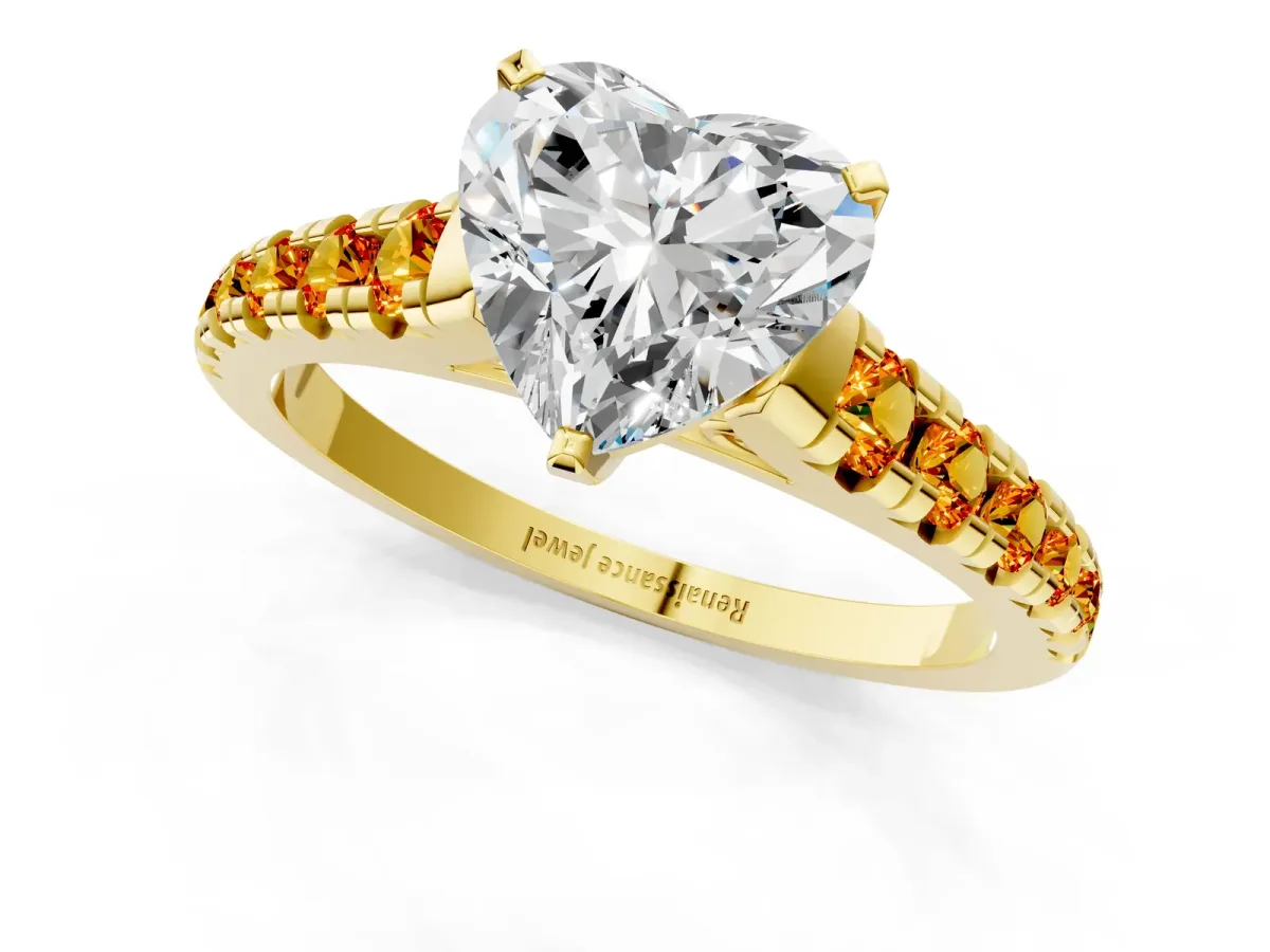 Heart Cut Diamond Cathedral Solitaire Ring with Round Citrine Pavé Band Yellow gold