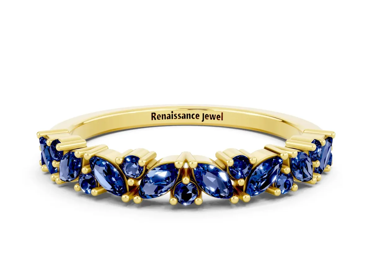 Marquise and Round Blue Sapphire Vine Eternity Band with Prong Setting Yellow gold