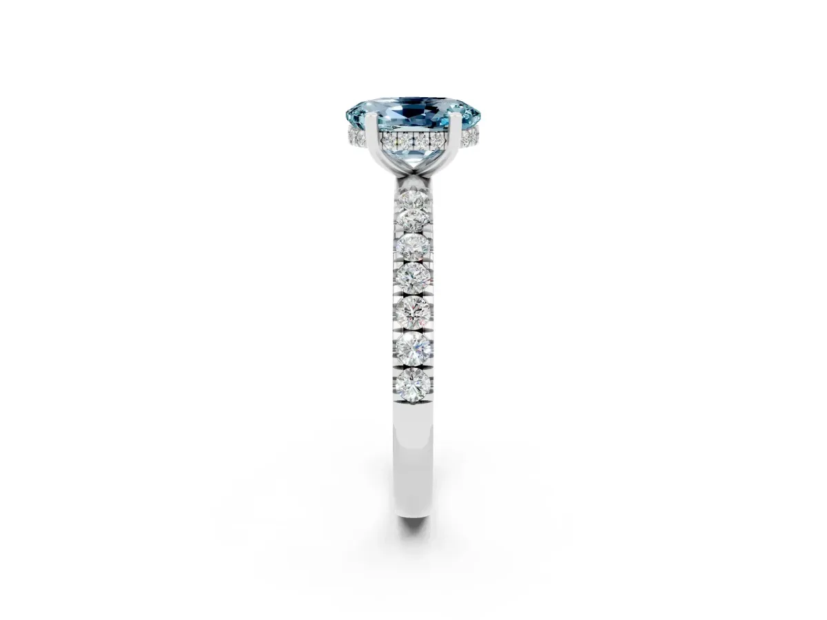 Oval Cut Aquamarine Pave Band Solitaire Ring with Round and Prong Setting White gold