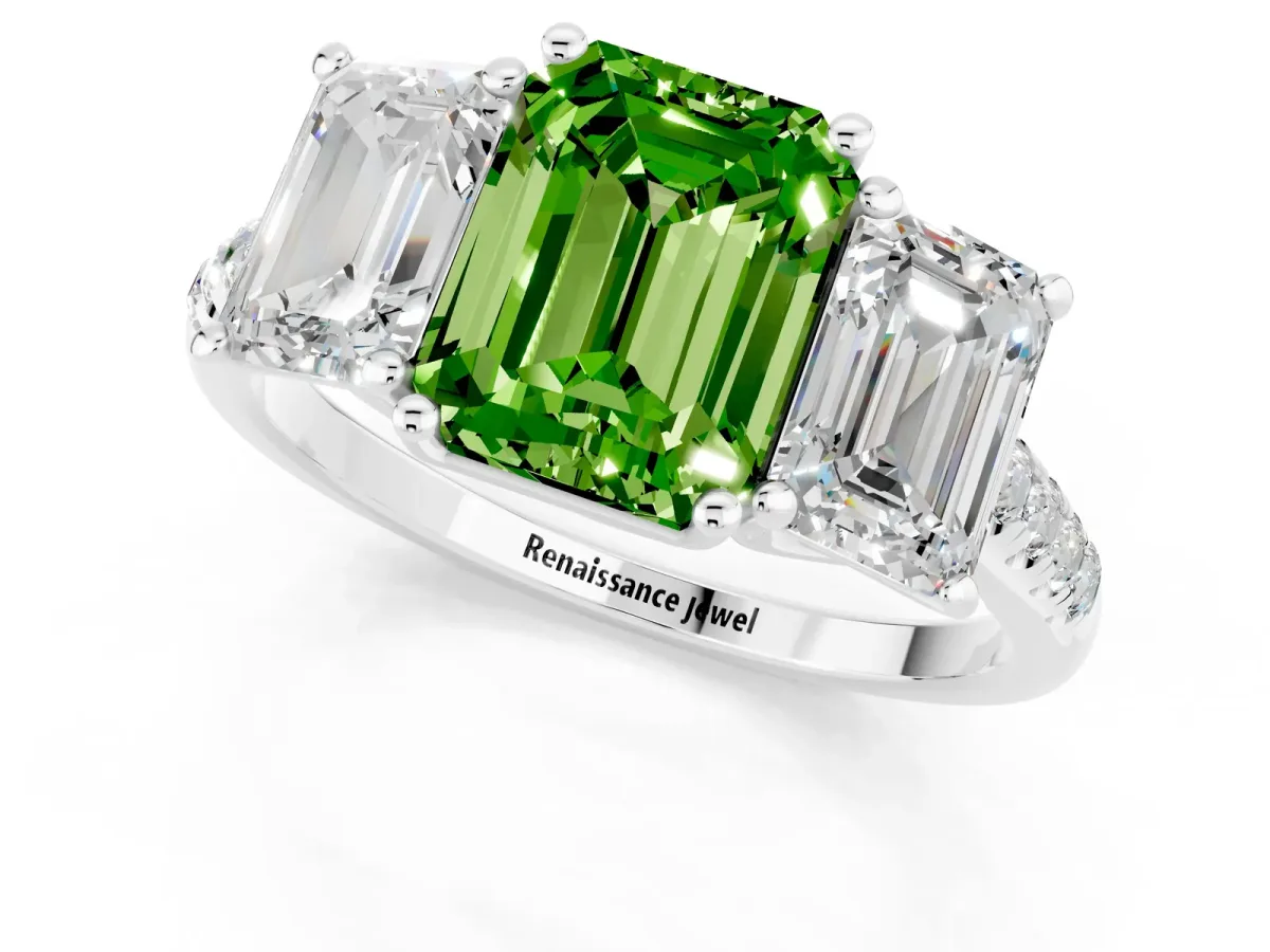 Three-Stone Emerald Cut Peridot Ring with Round Pavé Band and Prong Setting Silver