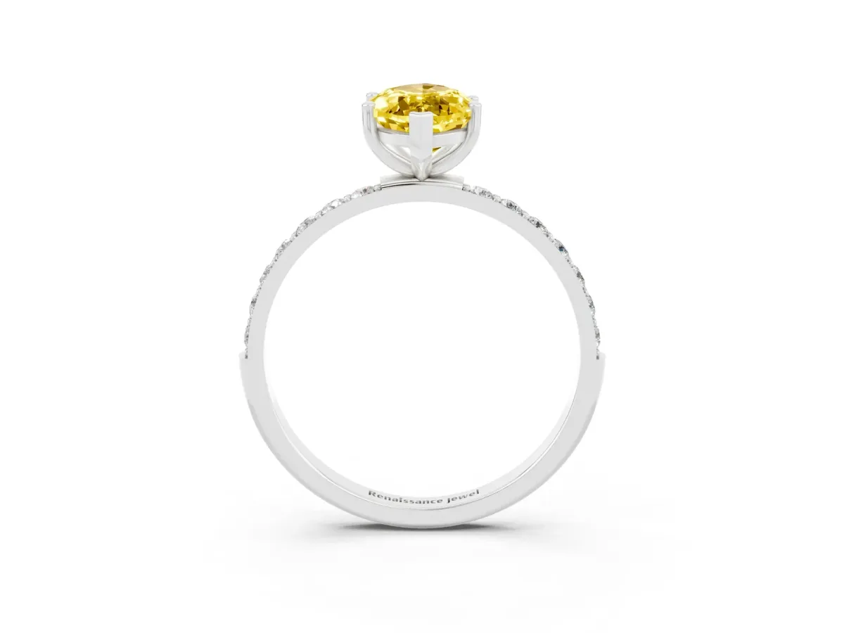 Marquise Cut Yellow Sapphire Solitaire Ring with Round Pavé Band and Prong Setting Platinum