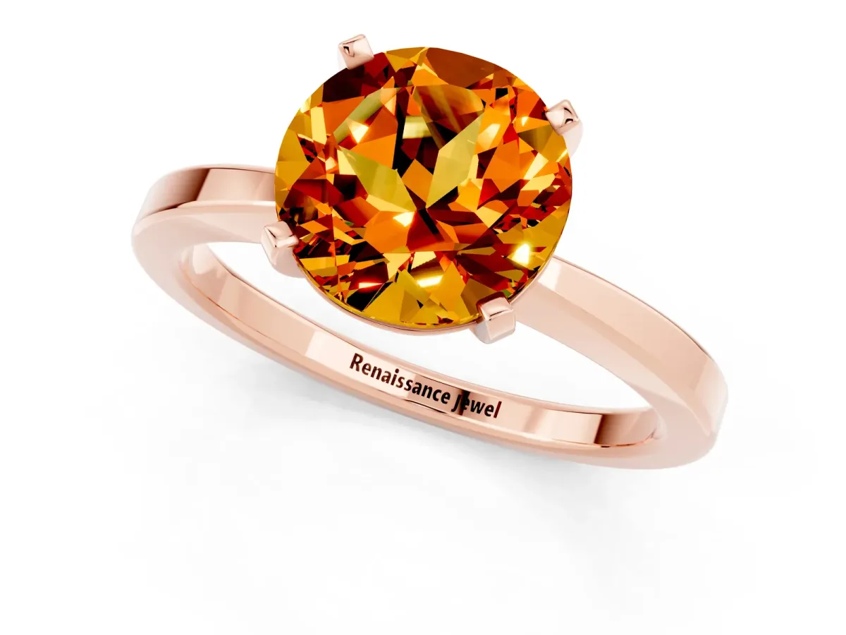 Round Cut Citrine Solitaire Engagement Ring with Classic Band and Four-Prong Setting Rose gold