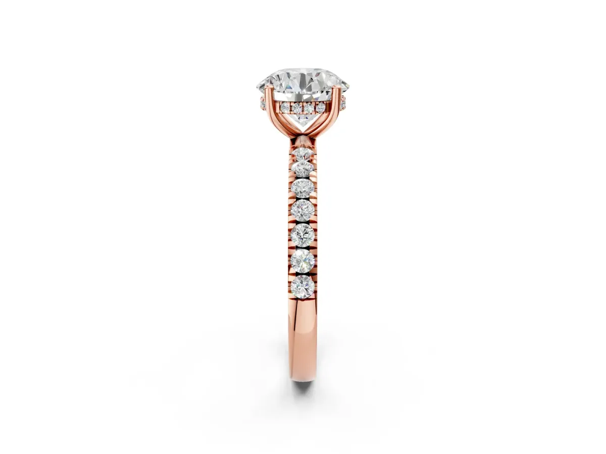 Round Cut Diamond Pave Band Solitaire Ring with Round Moissanite and Prong Setting Rose gold