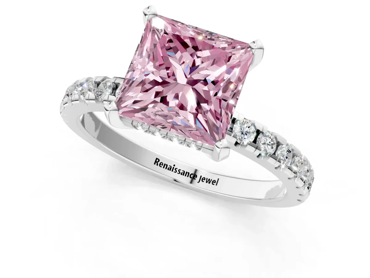 Fancy Pink Princess Cut Diamond Solitaire Ring with Round Pavé Band and Four-Prong Setting Platinum