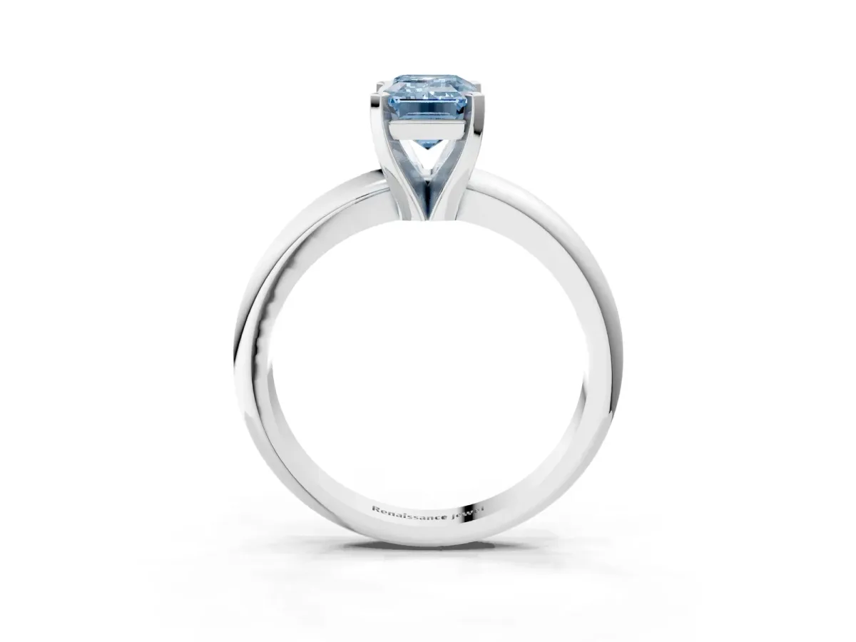 Fancy Blue Emerald Cut Diamond Solitaire Engagement Ring with Round Band and Four-Prong Setting White gold