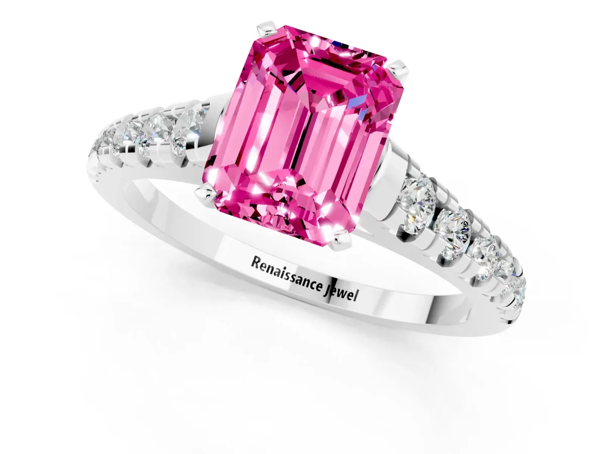 Emerald Cut Pink Sapphire Cathedral Solitaire Ring with Round Pavé Band Silver