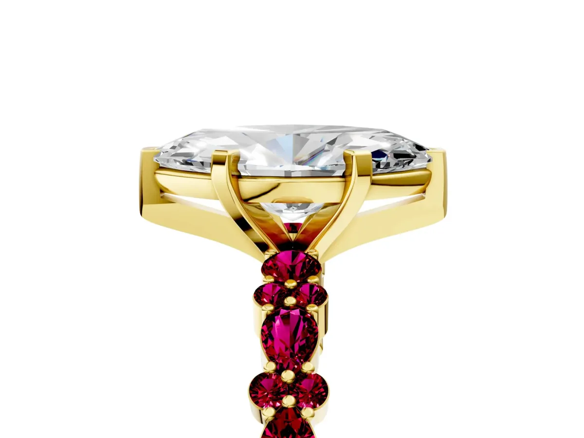 Marquise Cut Diamond Side Stone Solitaire Ring with Round Garnet and Four-Prong Setting Yellow gold