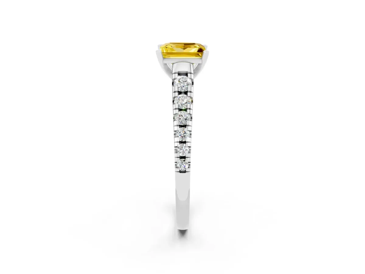 Princess Cut Yellow Sapphire Cathedral Solitaire Ring with Round Pavé Band Platinum