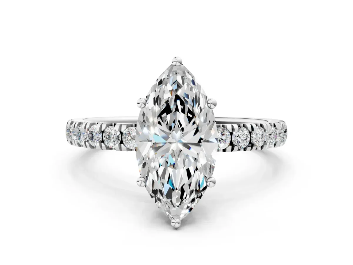Marquise Cut Diamond Pave Band Solitaire Ring with Round Moissanite and Prong Setting Silver