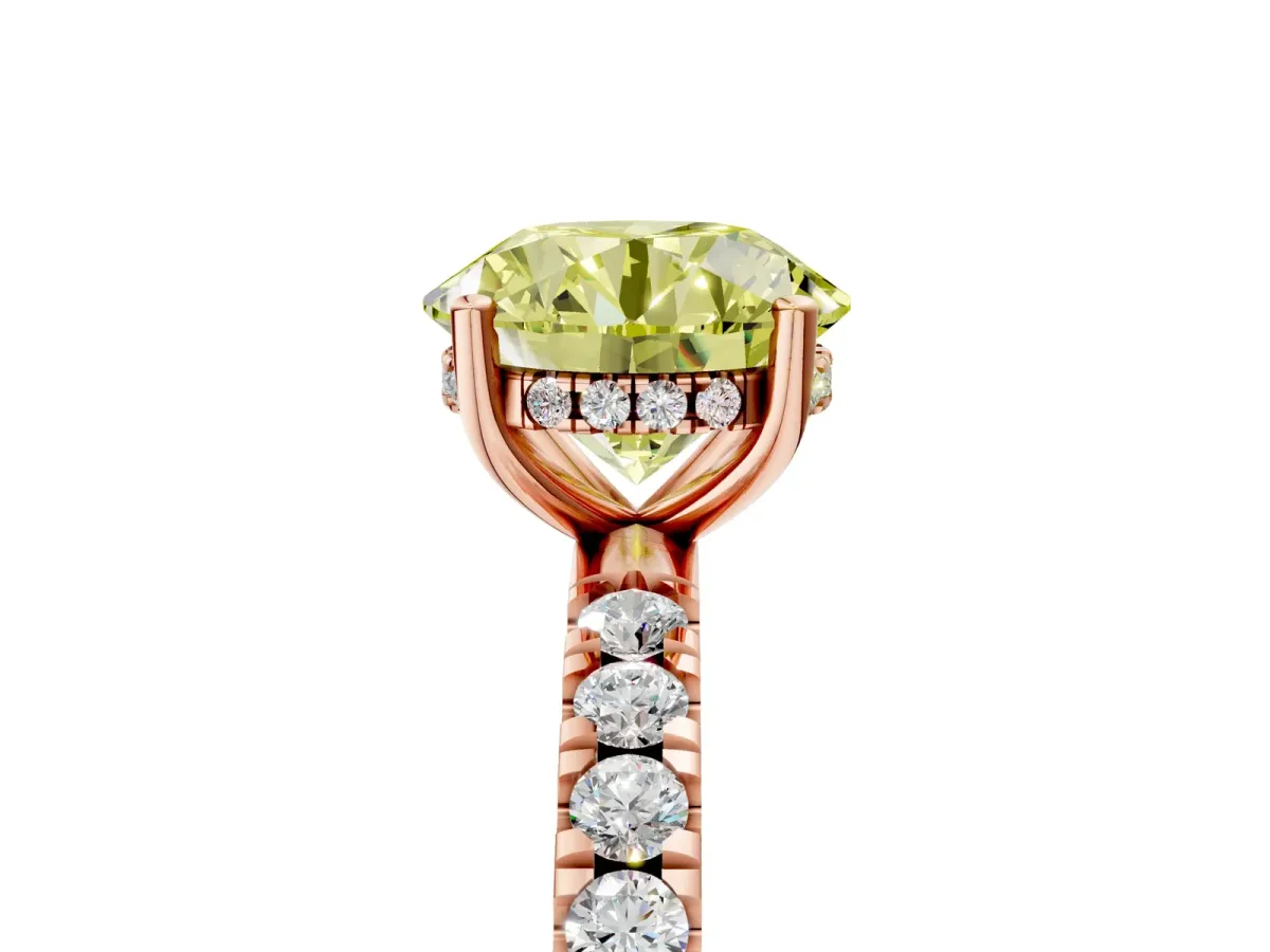 Fancy Yellow Round Cut Diamond Pave Band Solitaire Ring with Round and Prong Setting Rose gold