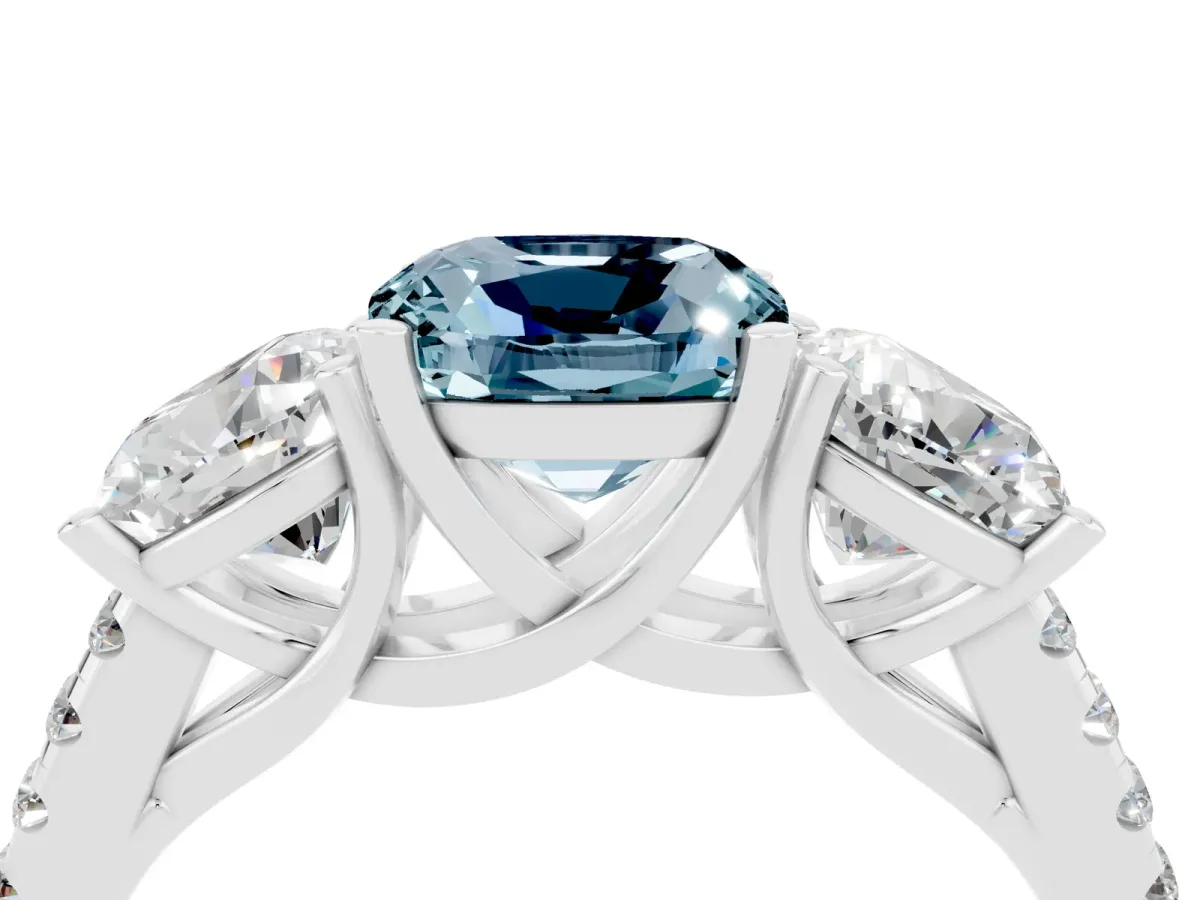 Three-Stone Cushion Cut Aquamarine Ring with Round Pavé Band and Prong Setting White gold