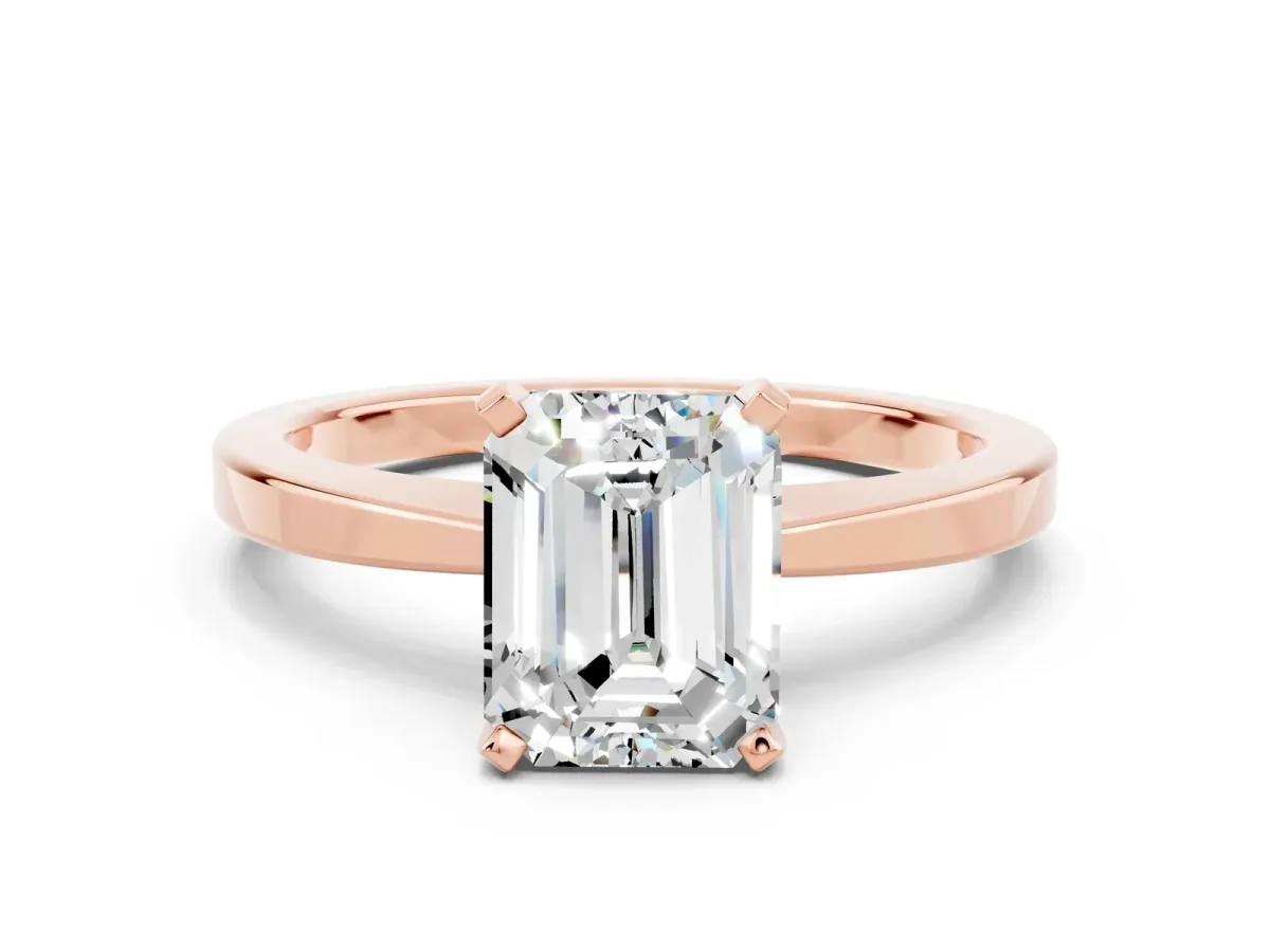 Emerald Cut Moissanite Solitaire Engagement Ring with Classic Band and Four-Prong Setting Rose gold
