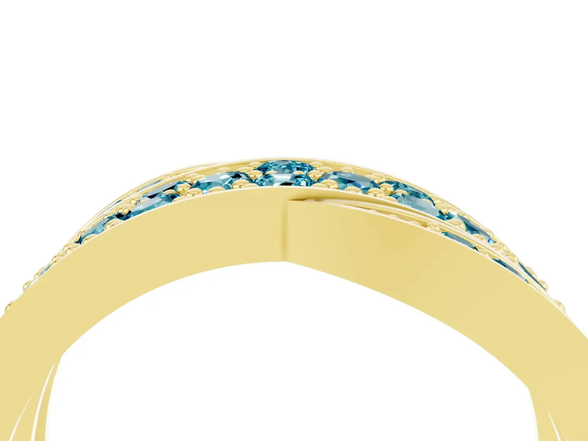 Pavé Round Blue Topaz Crossover Band with Bead Prong Setting Yellow gold