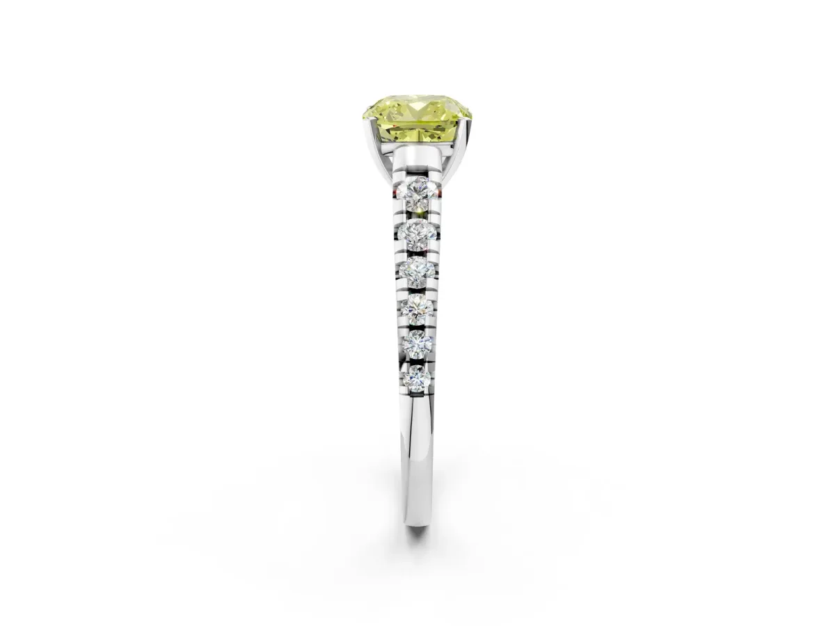 Fancy Yellow Cushion Cut Diamond Cathedral Solitaire Ring with Round Pavé Band White gold