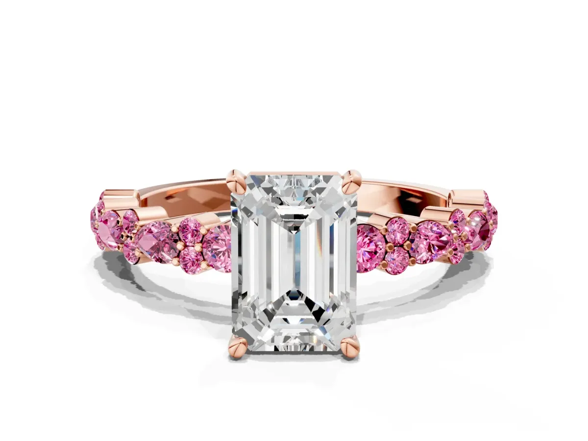 Emerald Cut Diamond Side Stone Solitaire Ring with Round Pink Sapphire and Four-Prong Setting Rose gold