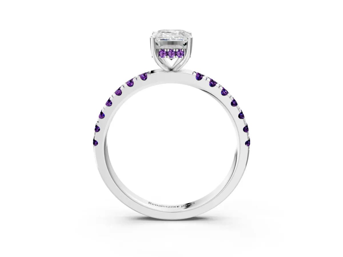 Emerald Cut Diamond Pave Band Solitaire Ring with Round Amethyst and Prong Setting Platinum
