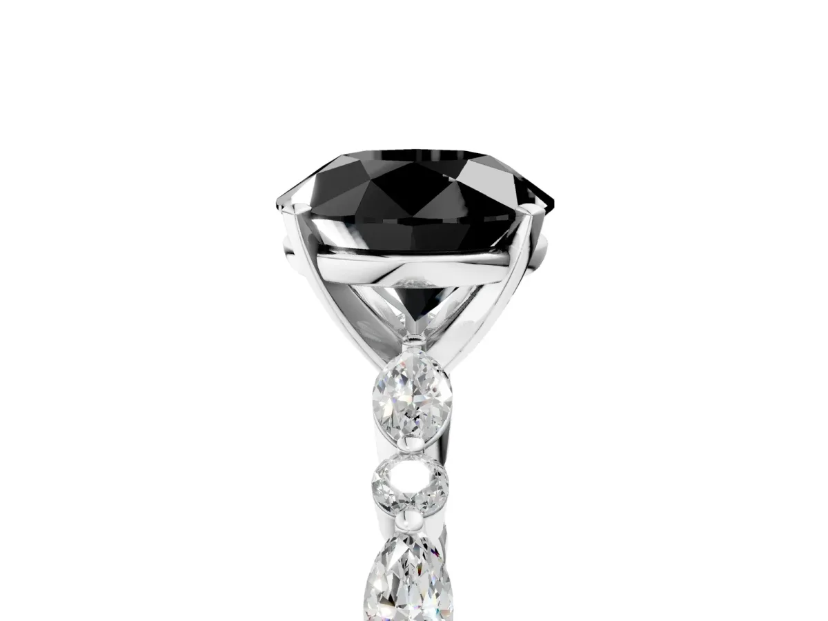 Fancy Black Round Cut Diamond Ring with Marquise and Round Side Stones and Four-Prong Setting Silver