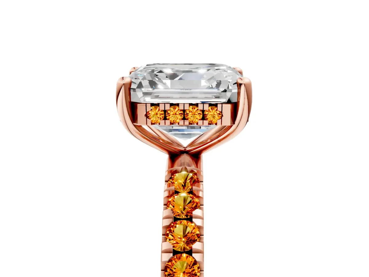 Asscher Cut Diamond Pave Band Solitaire Ring with Round Citrine and Prong Setting Rose gold