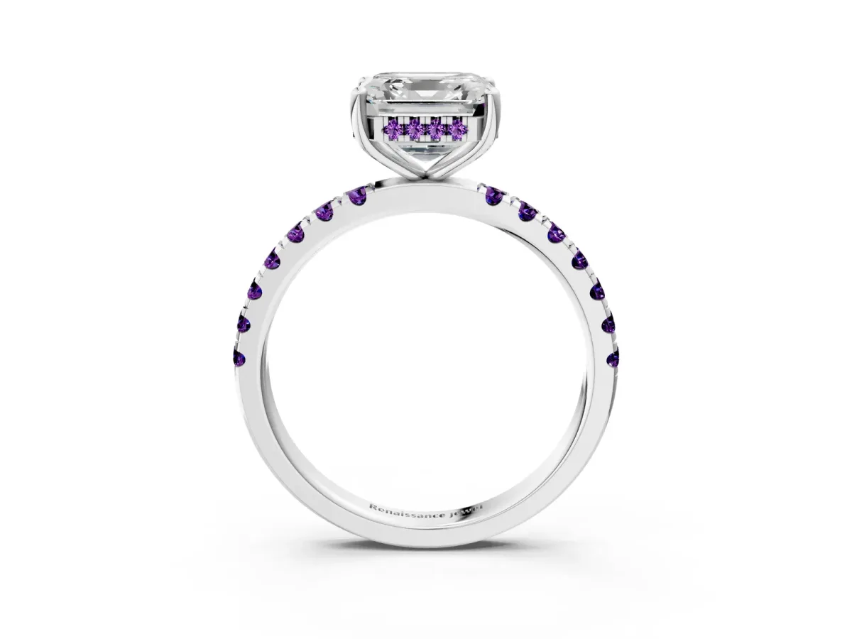 Asscher Cut Diamond Pave Band Solitaire Ring with Round Amethyst and Prong Setting Platinum