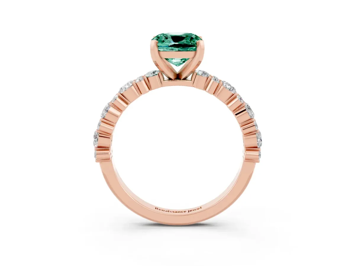 Cushion Cut Green Sapphire Side Stone Solitaire Ring with Round and Four-Prong Setting Rose gold