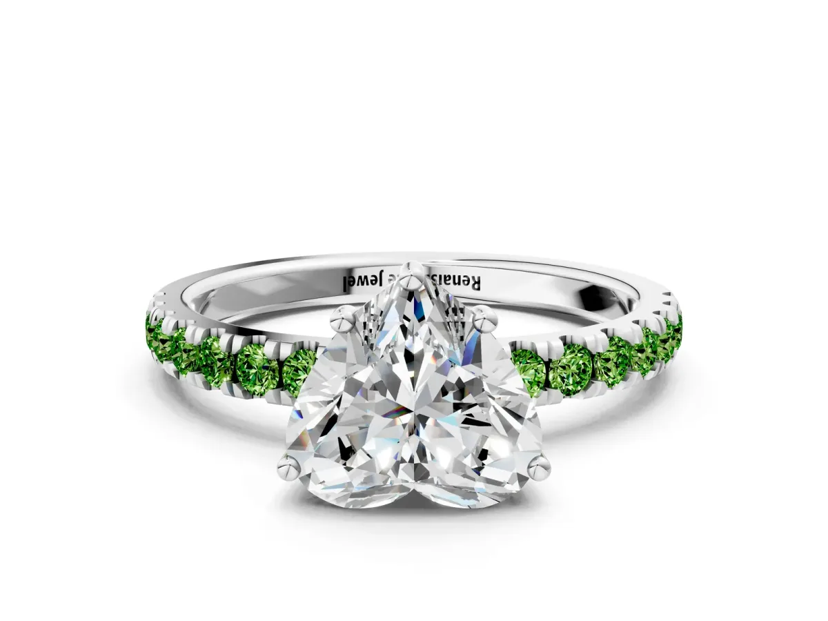 Heart Cut Diamond Pave Band Solitaire Ring with Round Peridot and Prong Setting Platinum