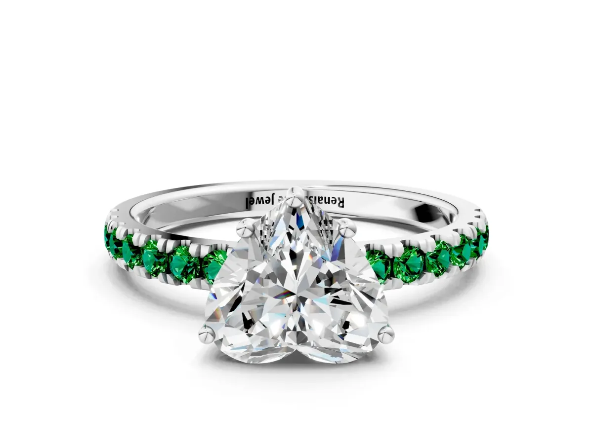 Heart Cut Diamond Pave Band Solitaire Ring with Round Emerald and Prong Setting Platinum