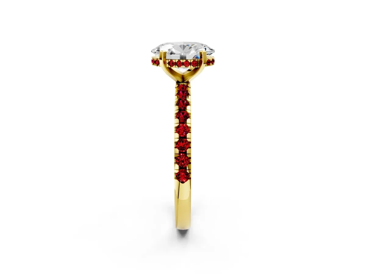 Oval Cut Diamond Solitaire Ring with Round Ruby Pavé Band and Four-Prong Setting Yellow gold