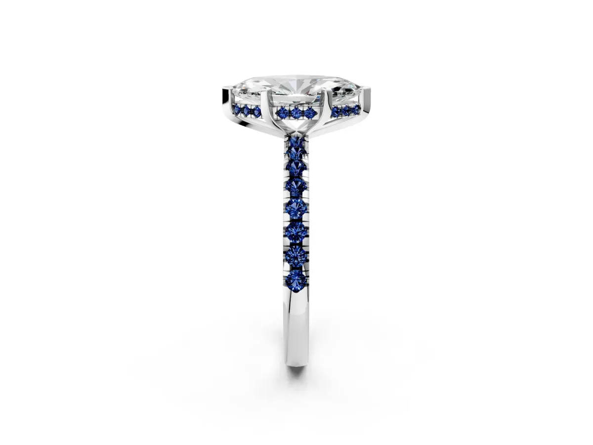 Marquise Cut Diamond Solitaire Ring with Round Blue Sapphire Pavé Band and Four-Prong Setting Silver