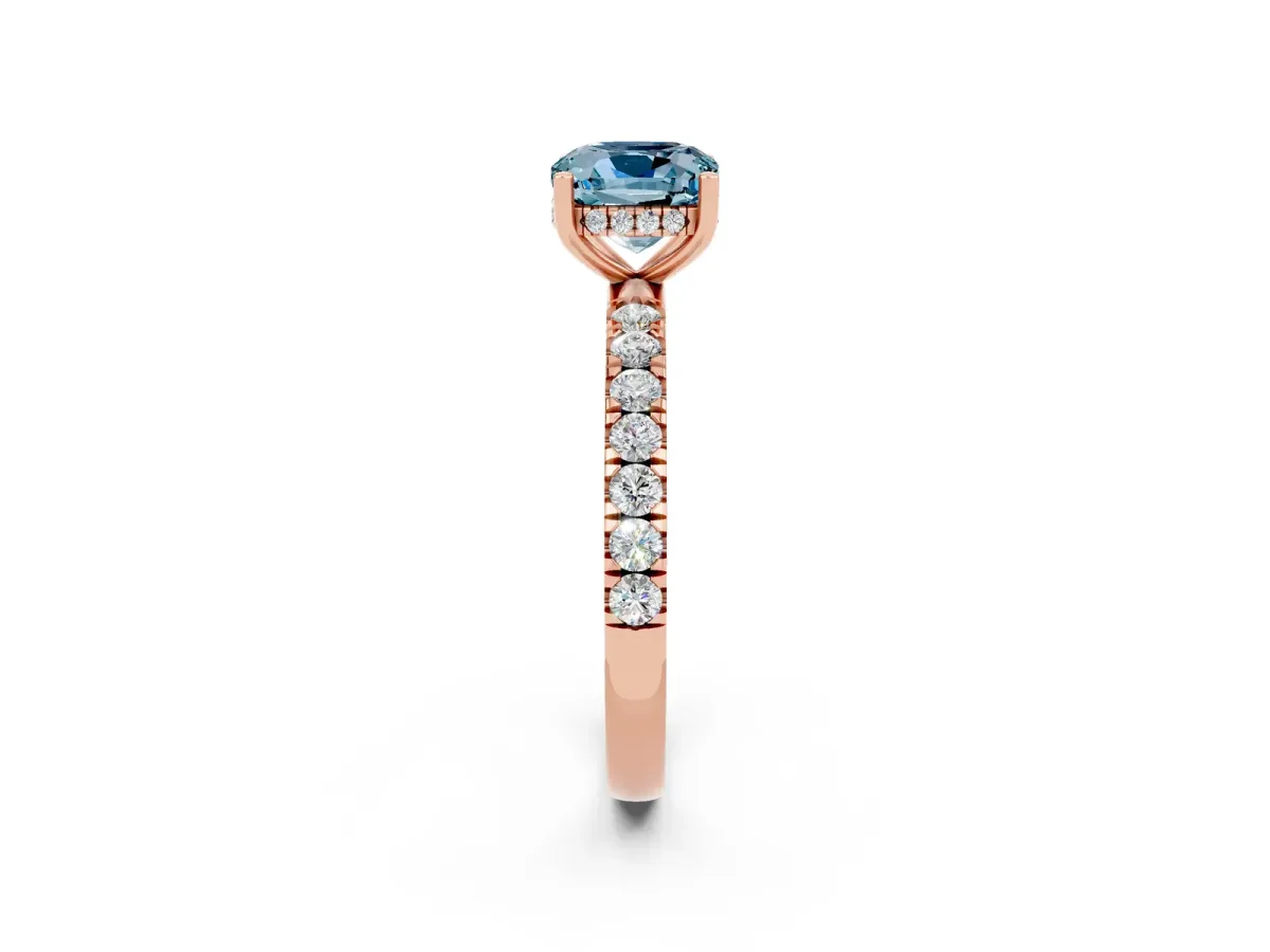 Cushion Cut Aquamarine Pave Band Solitaire Ring with Round and Prong Setting Rose gold