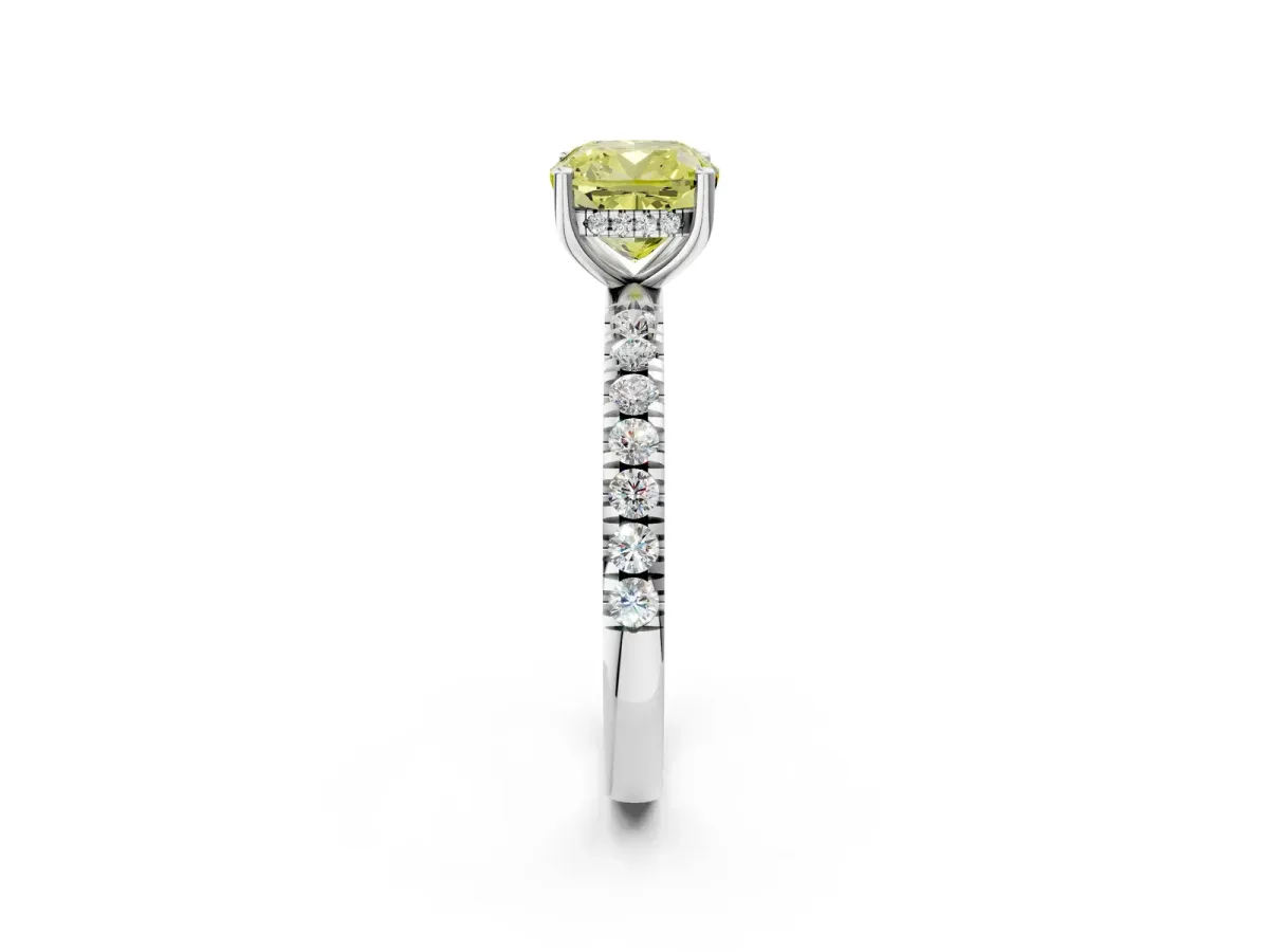 Fancy Yellow Cushion Cut Diamond Pave Band Solitaire Ring with Round and Prong Setting Platinum