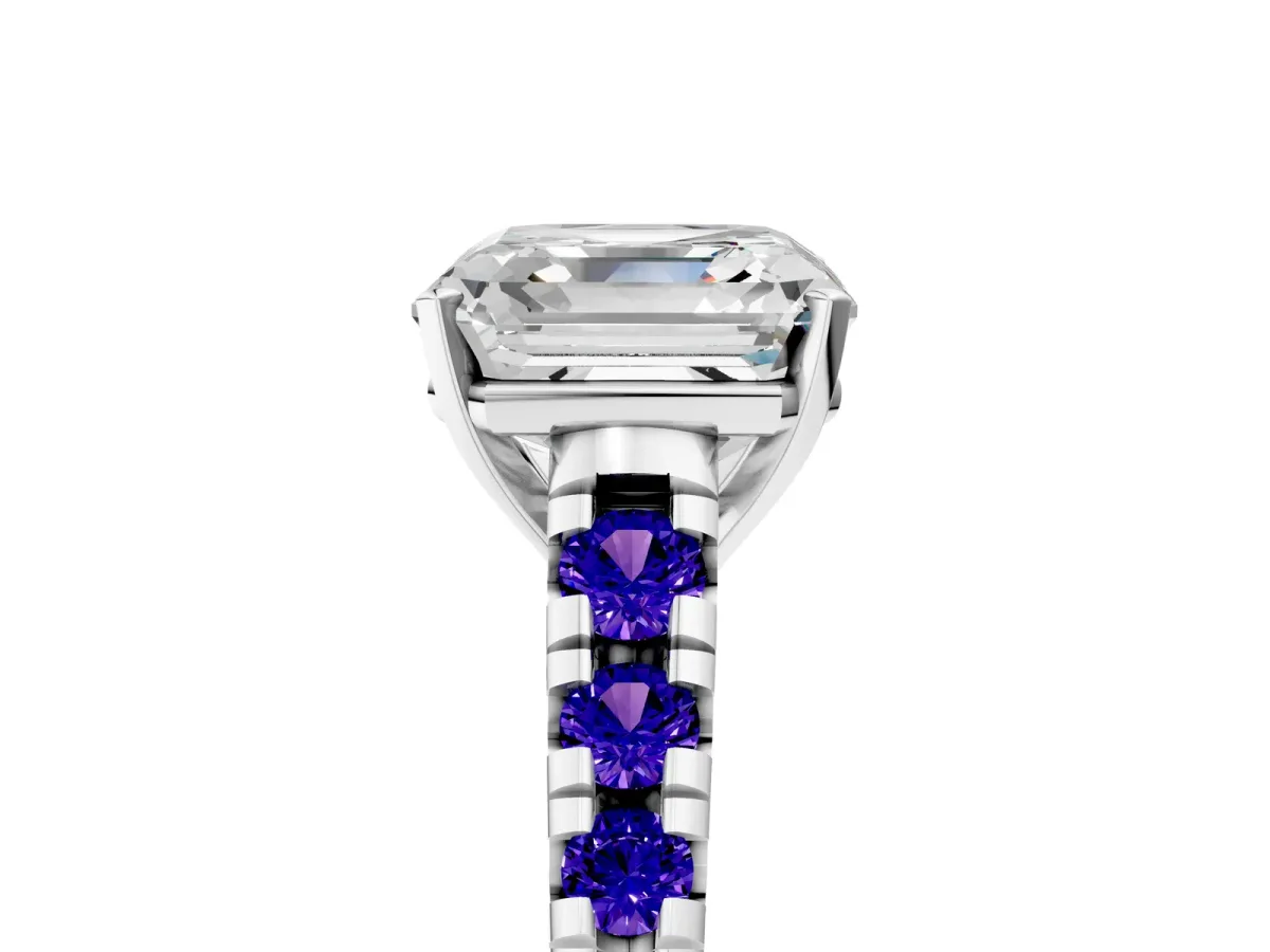 Asscher Cut Diamond Cathedral Solitaire Ring with Round Tanzanite Pavé Band Platinum