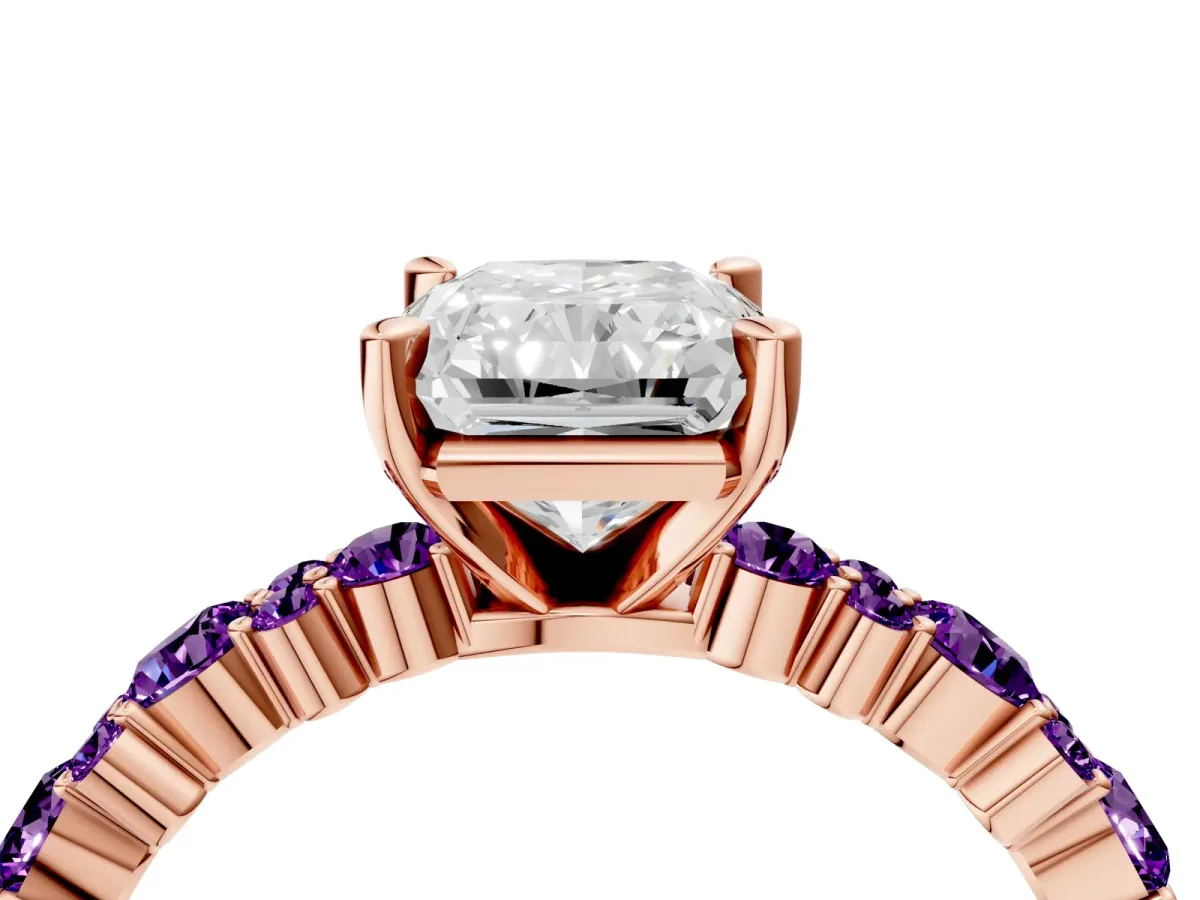 Radiant Cut Diamond Side Stone Solitaire Ring with Round Amethyst and Four-Prong Setting Rose gold