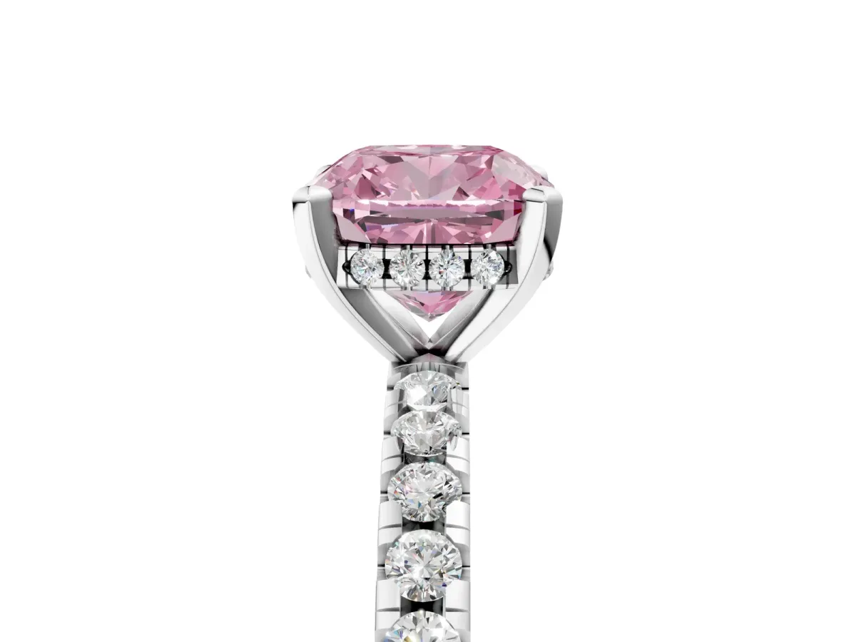 Fancy Pink Cushion Cut Diamond Solitaire Ring with Round Pavé Band and Four-Prong Setting Platinum