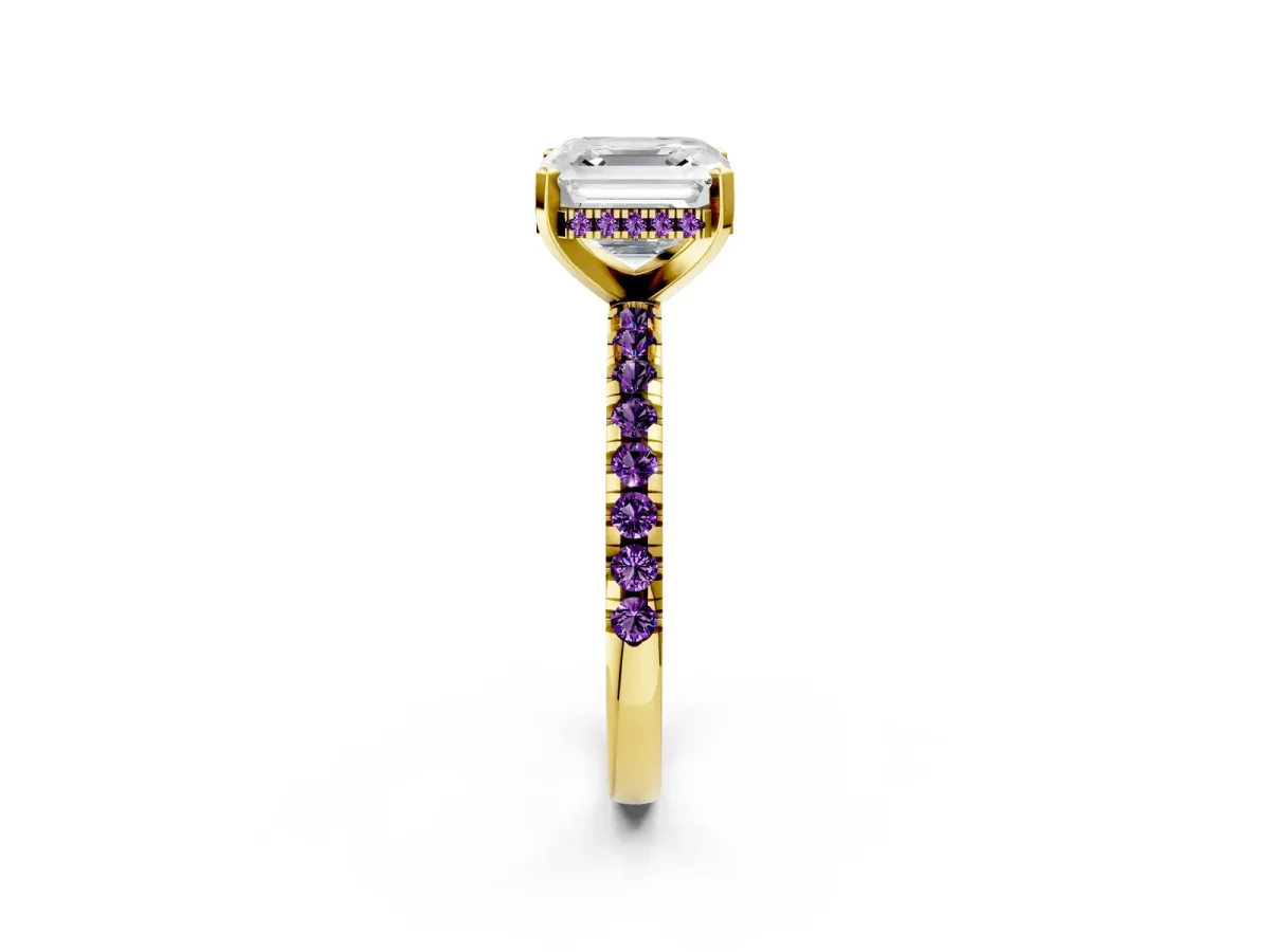 Asscher Cut Diamond Solitaire Ring with Round Amethyst Pavé Band and Four-Prong Setting Yellow gold