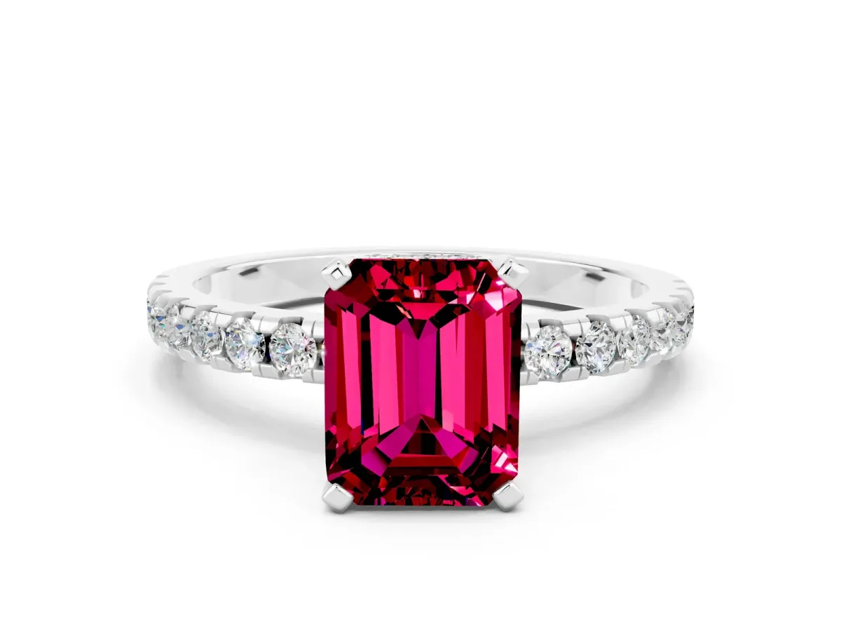 Emerald Cut Garnet Solitaire Ring with Round Pavé Band and Four-Prong Setting White gold