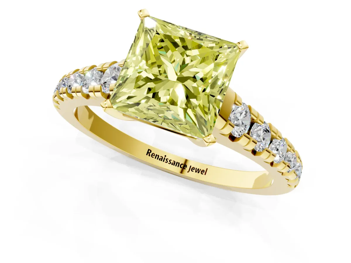 Fancy Yellow Princess Cut Diamond Cathedral Solitaire Ring with Round Pavé Band Yellow gold