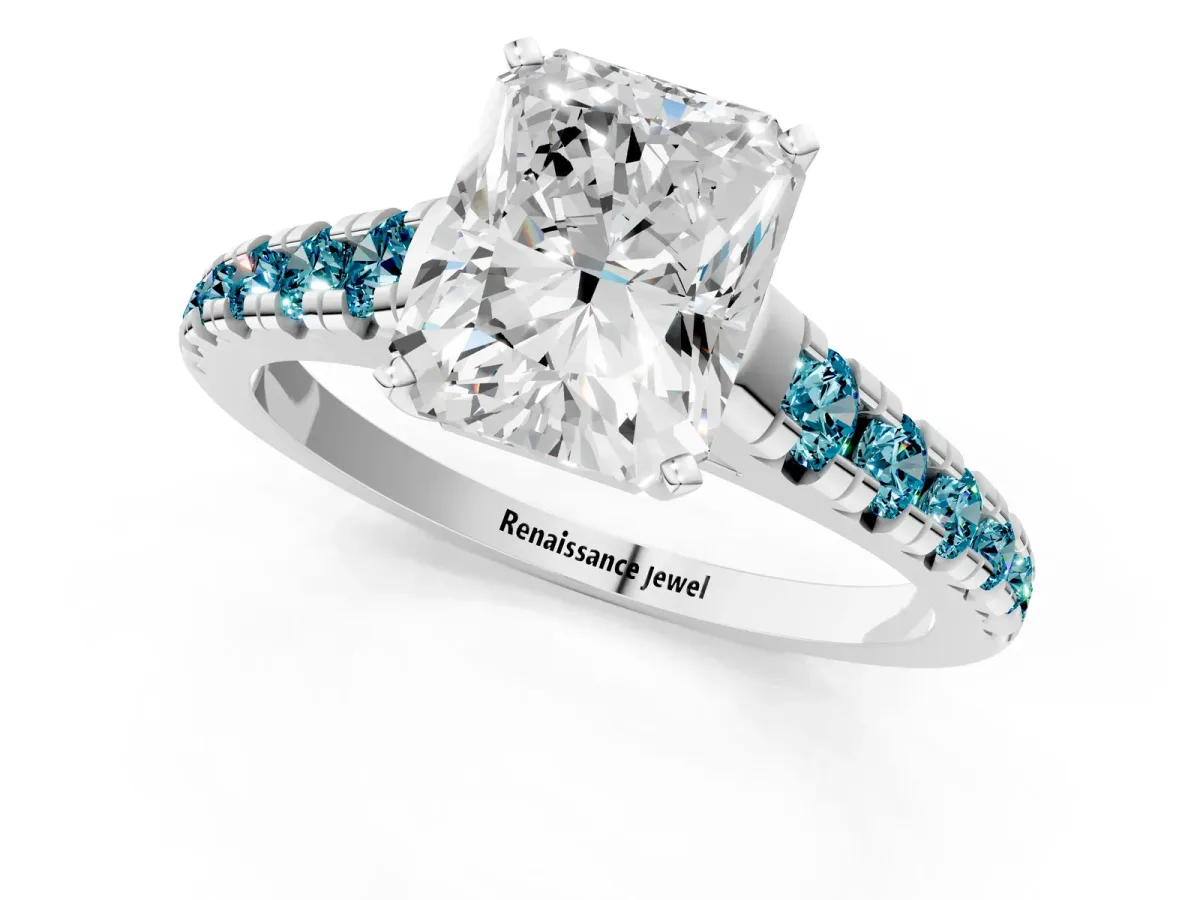Radiant Cut Diamond Cathedral Solitaire Ring with Round Blue Topaz Pavé Band Silver