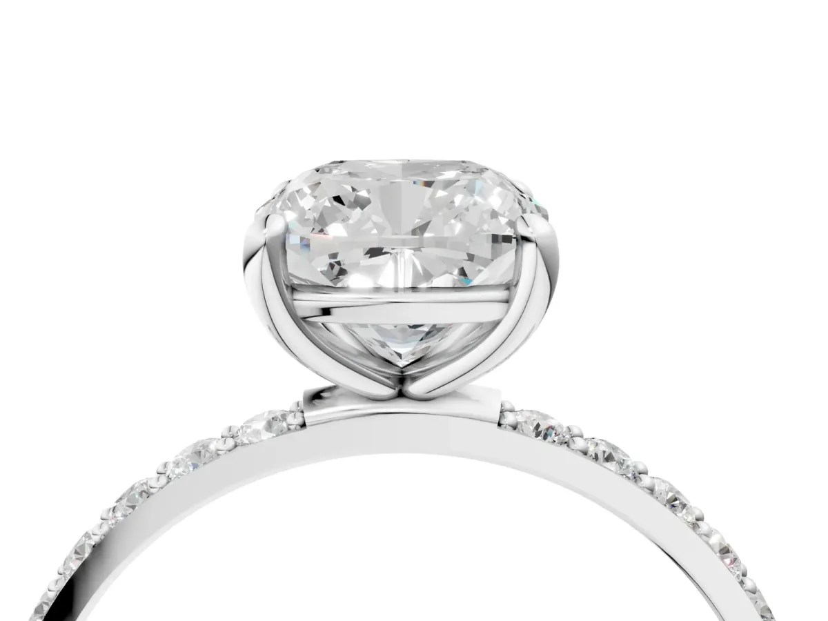 Cushion Cut Diamond Solitaire Ring with Round Moissanite Pavé Band and Prong Setting Silver